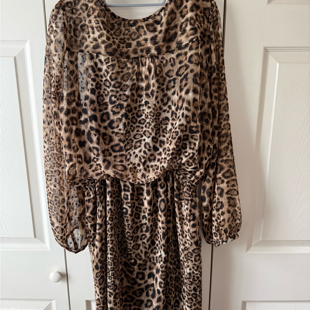 White House Black Market Sheer Leopard Print Long Sleeve Dress - Brow & Black